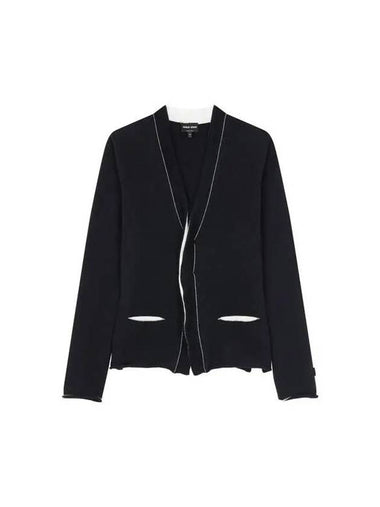 Women s color combination stitch trimming knit cardigan dark navy - GIORGIO ARMANI - BALAAN 1