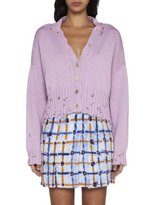 Embroidered Logo Distressed V-Neck Crop Cardigan Purple - MARNI - BALAAN 4