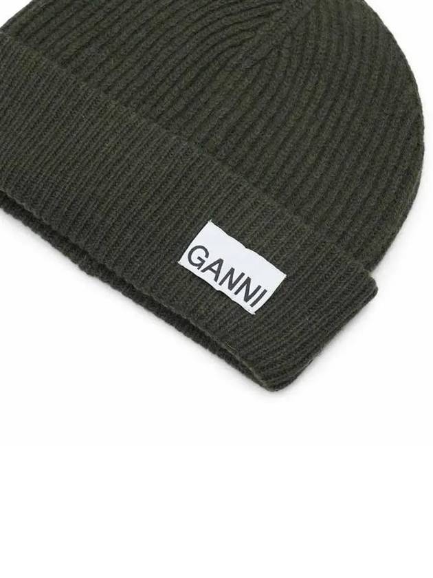 Logo Patch Ribbed Knit Beanie Khaki - GANNI - BALAAN 4