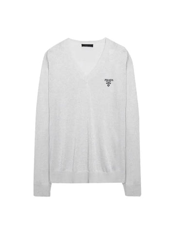 Logo Silk V-Neck Knit Top Grey - PRADA - BALAAN 1