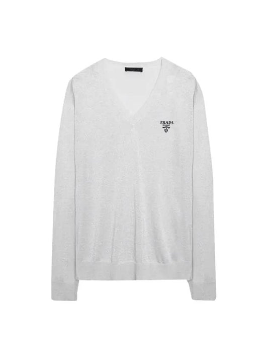 Logo Silk V-Neck Knit Top Grey - PRADA - BALAAN 1