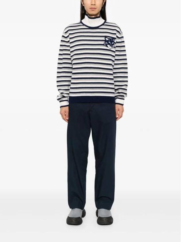 Fox Head Intarsia Striped High Neck Comfort Knit Top White Navy - MAISON KITSUNE - BALAAN 3