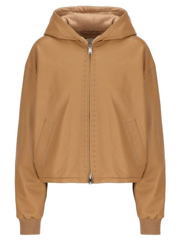 Leather Zip Up Hoodie Beige - FENDI - BALAAN 1