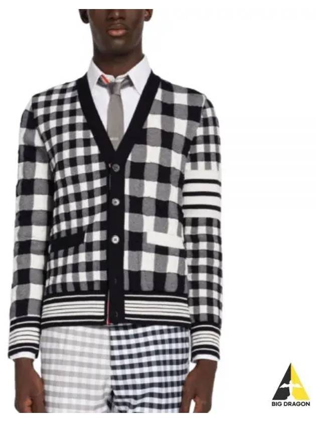 4-Bar Stripe Funmix Gingham Jacquard Cardigan Navy - THOM BROWNE - BALAAN 2