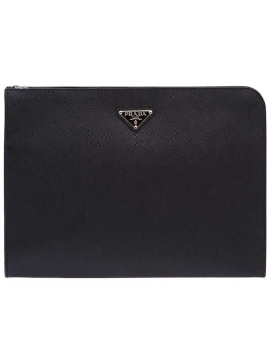 Triangle Logo Saffiano Leather Clutch Black - PRADA - BALAAN 2