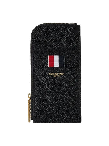 Stripe Zip Around Pebble Grain Leather Card Wallet Black - THOM BROWNE - BALAAN 1