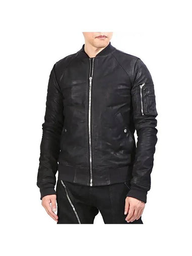 Men Zipper Pocket Leather Bomber Jacket Black - RICK OWENS - BALAAN 1