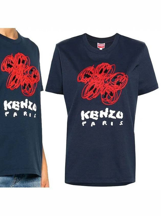 Graphic Print Crew Neck Cotton Short Sleeve T-Shirt Blue - KENZO - BALAAN 2