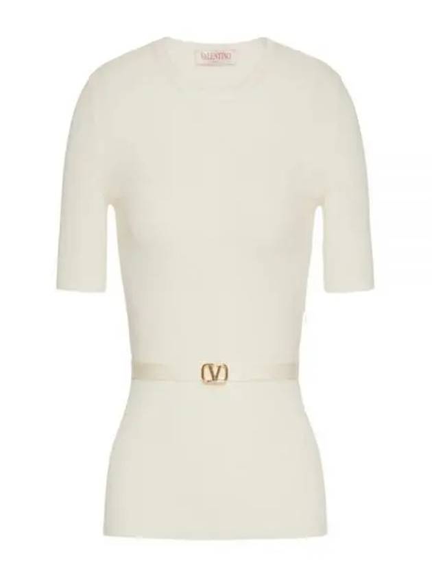 V Metal Logo Belt Detail Wool Knit Top Beige - VALENTINO - BALAAN 2