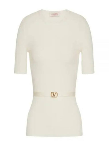 V Metal Logo Belt Detail Wool Knit Top Beige - VALENTINO - BALAAN 1