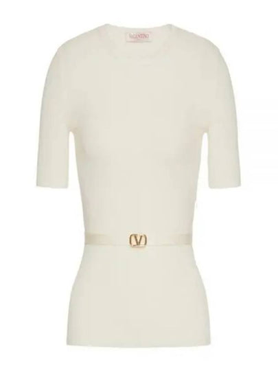 V Metal Logo Belt Detail Wool Knit Top Beige - VALENTINO - BALAAN 2