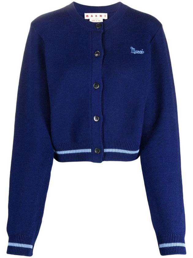 Embroidered Logo Virgin Wool Cardigan Blue - MARNI - BALAAN 1