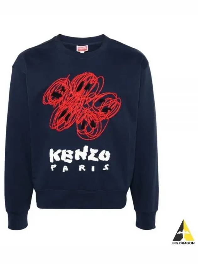 Drawn Varsity Embroidered Cotton Sweatshirt Navy - KENZO - BALAAN 2