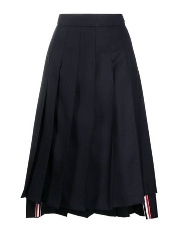 Super 120S Twill Below Knee Pleated Skirt Navy - THOM BROWNE - BALAAN 1