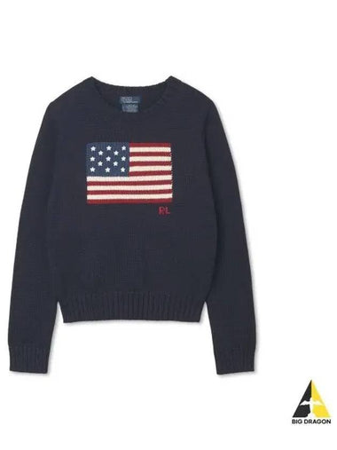 W Flag Cotton Crewneck Sweater Navy - POLO RALPH LAUREN - BALAAN 1