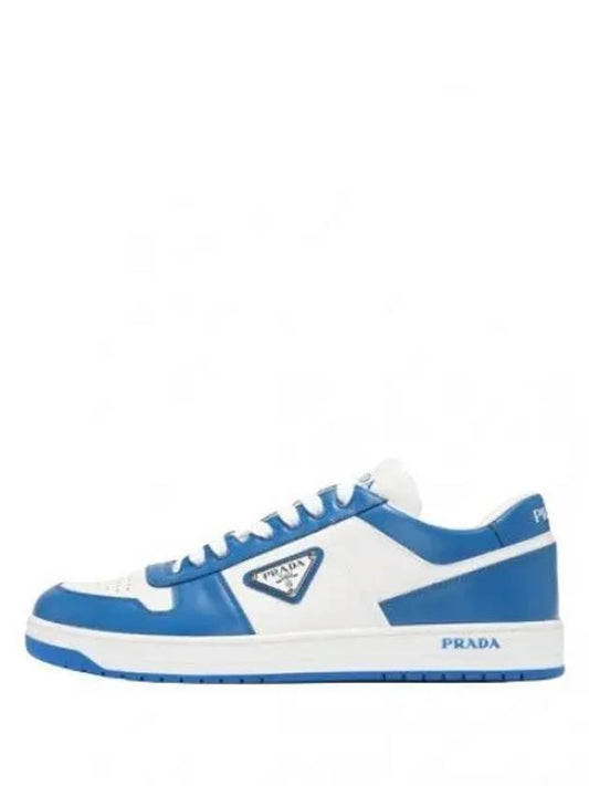 Men's Downtown Triangle Logo Leather Sneakers White Cobalt Blue - PRADA - BALAAN