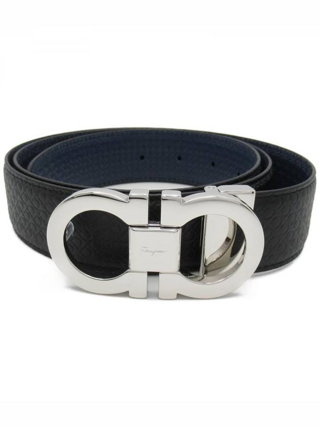 Double Gancini Reversible Leather Belt Black Fiore Blue - SALVATORE FERRAGAMO - BALAAN 2