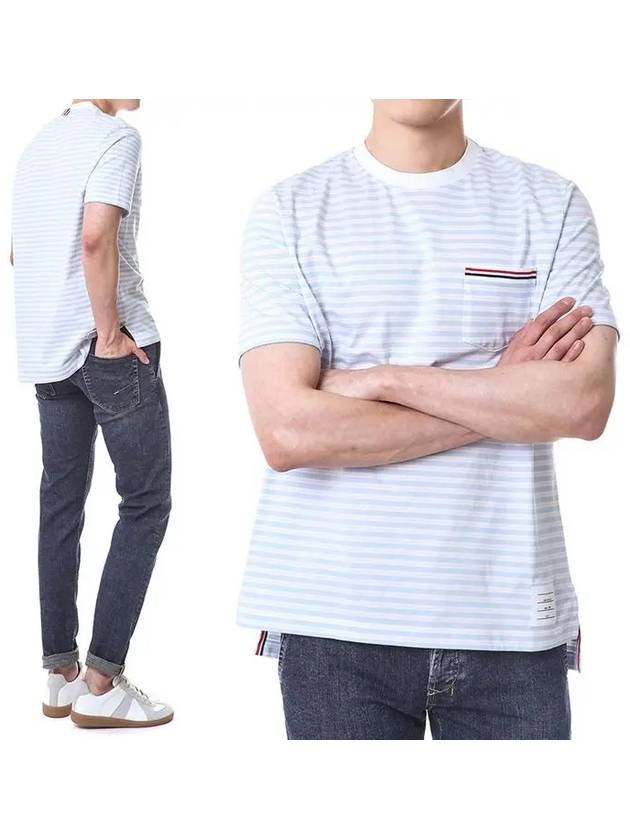 Striped Jersey Pocket Short Sleeve T-Shirt Light Blue White - THOM BROWNE - BALAAN 2