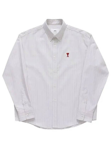 Small Heart Logo Striped Long Sleeve Shirt White - AMI - BALAAN 1