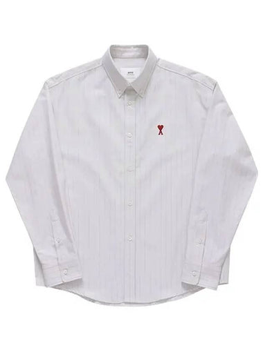 Small Heart Logo Striped Long Sleeve Shirt White - AMI - BALAAN 1