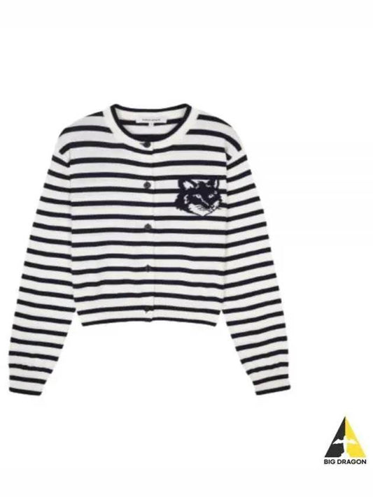 Fox Head Intarsia Regular Striped Cardigan Black White - MAISON KITSUNE - BALAAN 2