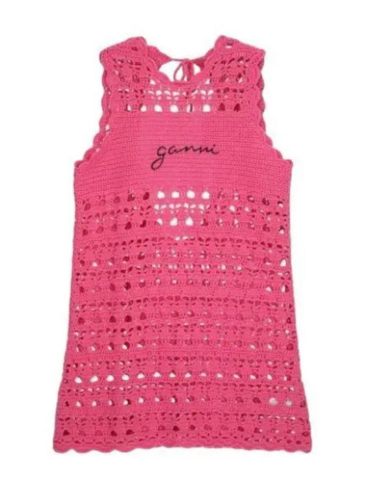 Crochet Cover Up Slip Dress Shocking Pink One Piece - GANNI - BALAAN 1