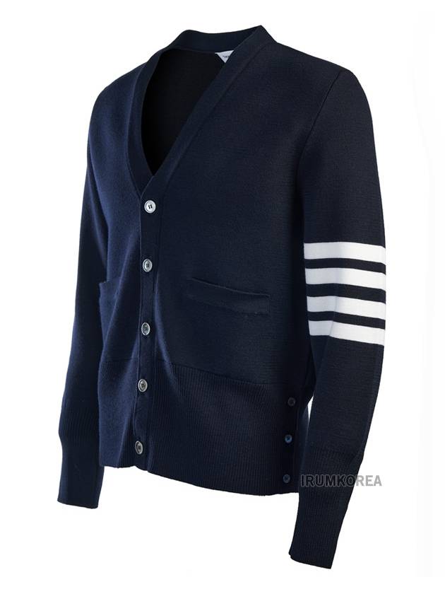 4-Bar V Neck Wool Cardigan Navy - THOM BROWNE - BALAAN 3