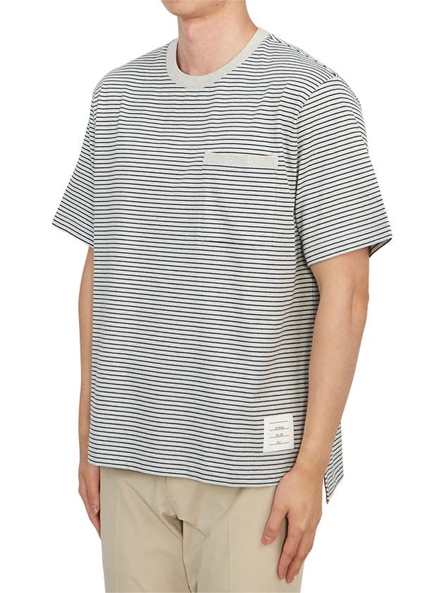 Striped Pocket Cotton Oversized Short Sleeve T-Shirt Blue - THOM BROWNE - BALAAN 3