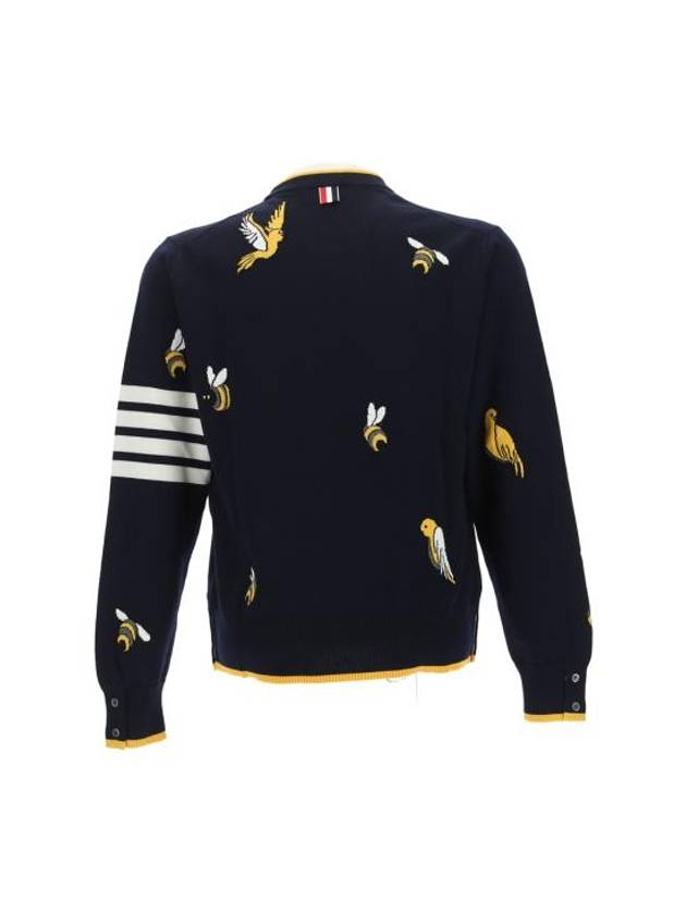 Cotton Merino Birds & Bees Intrasia 4 Bar Crew Neck Pullover Knit Top Navy - THOM BROWNE - BALAAN 3