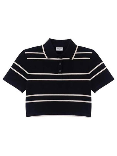 Cassandre Stripe Cotton Crop Polo Shirt Black - SAINT LAURENT - BALAAN 2