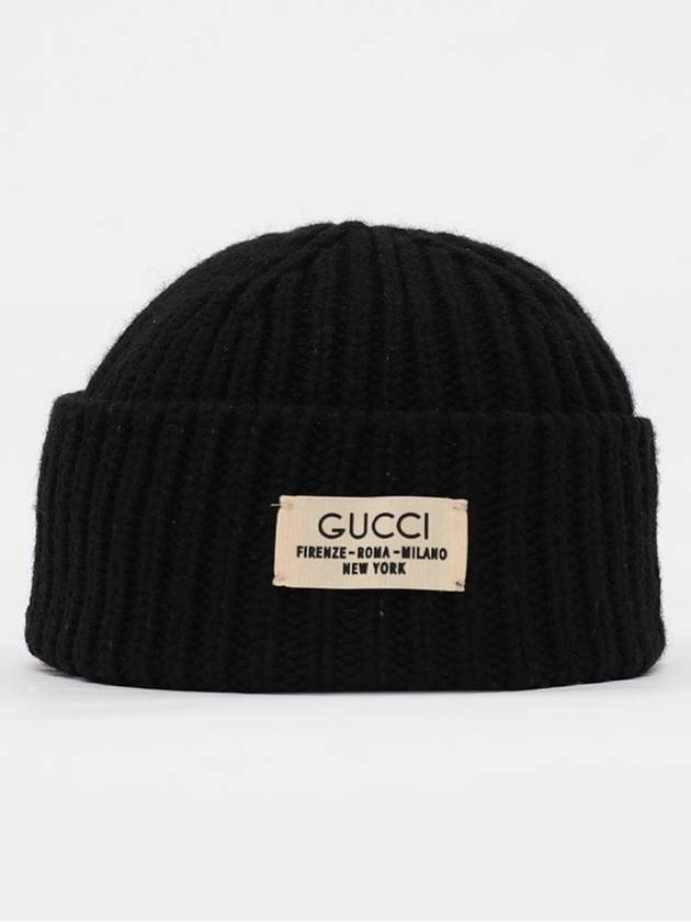 Rib Wool Label Beanie Black - GUCCI - BALAAN 3