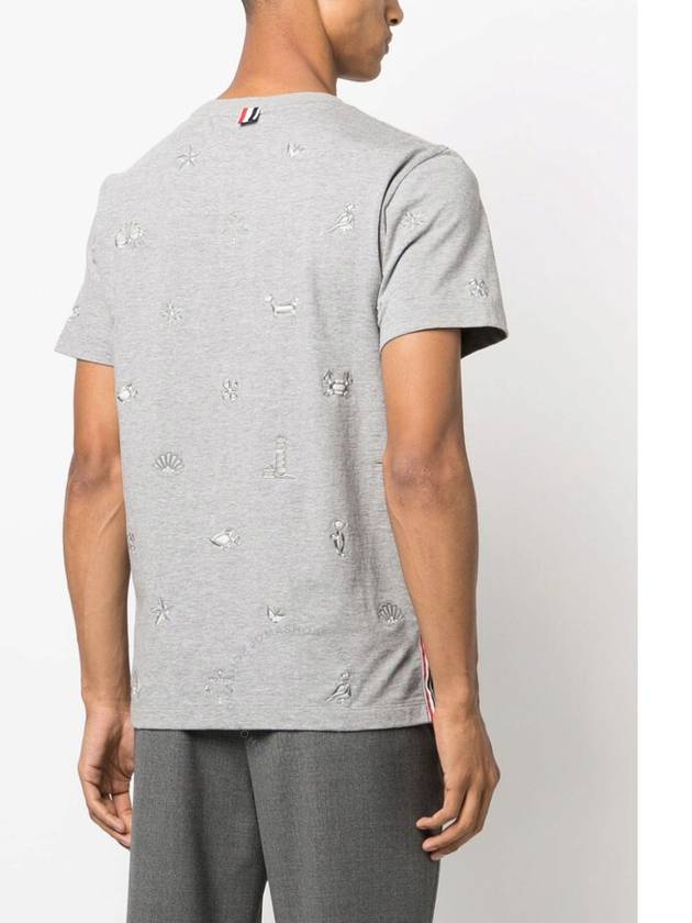 Embroidered Cotton Short Sleeve T-Shirt Grey - THOM BROWNE - BALAAN 4