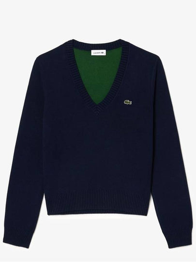 Cotton V Neck Knit Top Midnight Blue - LACOSTE - BALAAN 2