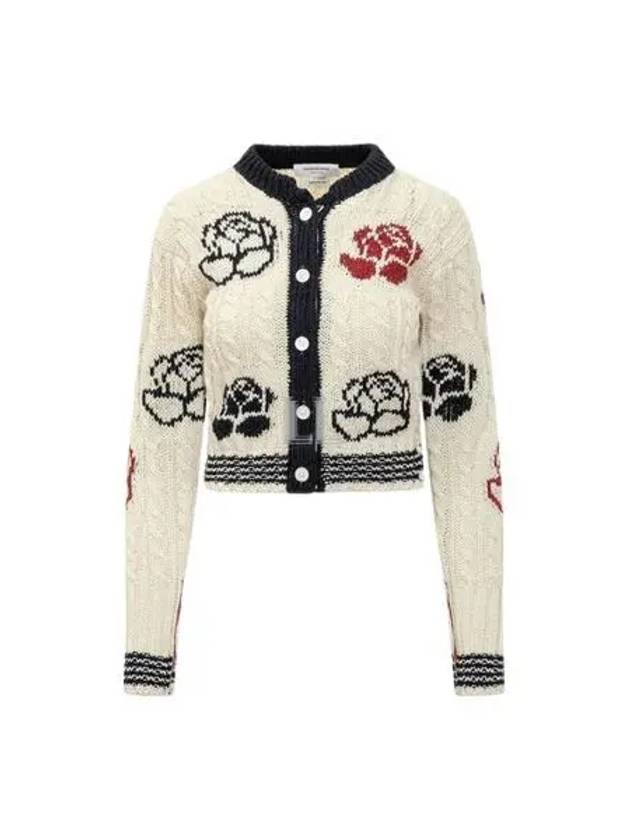 Rose Intarsia Cable Knit Cardigan White - THOM BROWNE - BALAAN 2