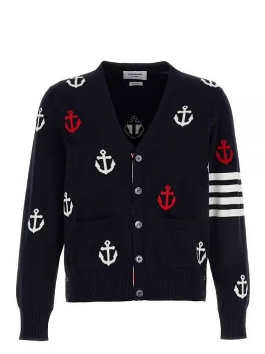 Anchor Intarsia 4-Bar V-Neck Cardigan Navy - THOM BROWNE - BALAAN 2