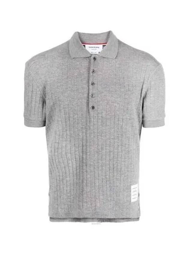 RWB Button Ribbed Polo Wool Knit Top Grey - THOM BROWNE - BALAAN 2