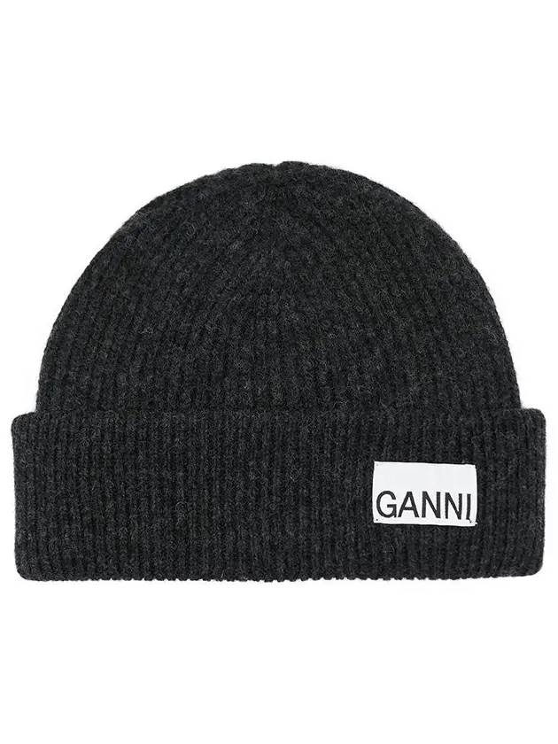 Logo Label Rib Knit Wool Beanie Dark Grey - GANNI - BALAAN 3