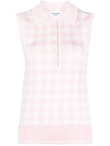 Gingham Silk Jacquard 4 Bar Polo Sleeveless Cardigan Pink - THOM BROWNE - BALAAN 1