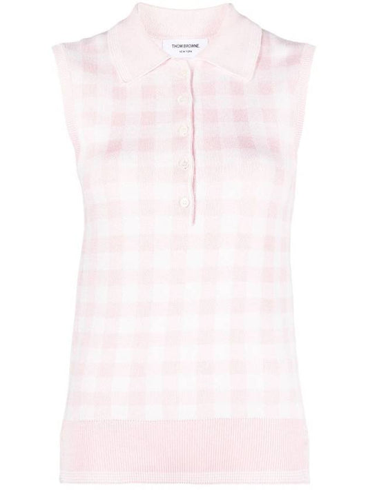 Gingham Silk Jacquard 4 Bar Polo Sleeveless Cardigan Pink - THOM BROWNE - BALAAN 1