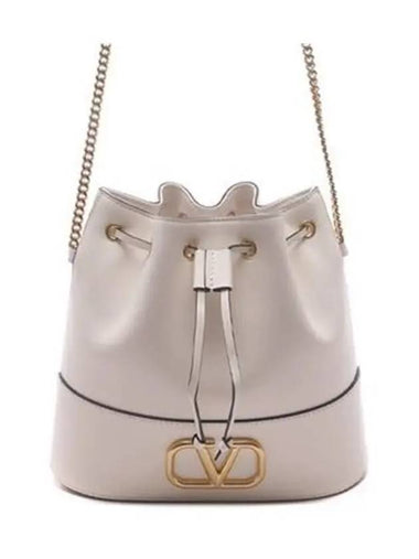 V Logo Chain Leather Bucket Bag Ivory - VALENTINO - BALAAN 1