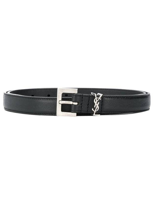 Men's Monogram Silver Buckle Leather Belt Black - SAINT LAURENT - BALAAN 1