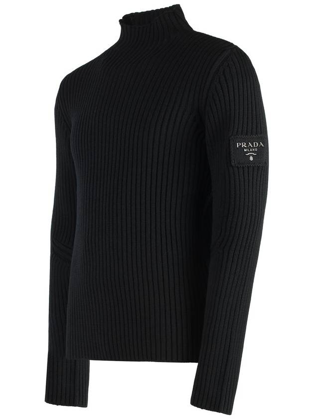 Knit logo patch wool mock turtleneck black - PRADA - BALAAN 4