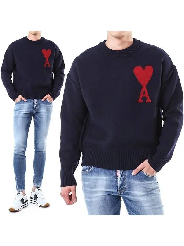 Big Heart Logo Wool Knit Top Navy - AMI - BALAAN 2