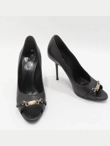 317028 Black leather silver decoration women s open toe heel shoes 36 235MM - GUCCI - BALAAN 1