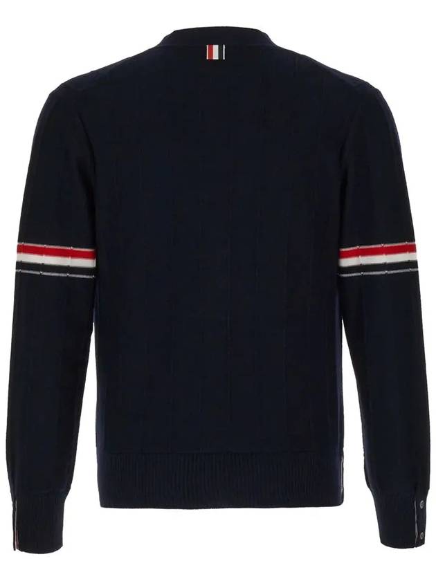 RWB V-neck Striped Virgin Wool Cardigan Navy - THOM BROWNE - BALAAN 4