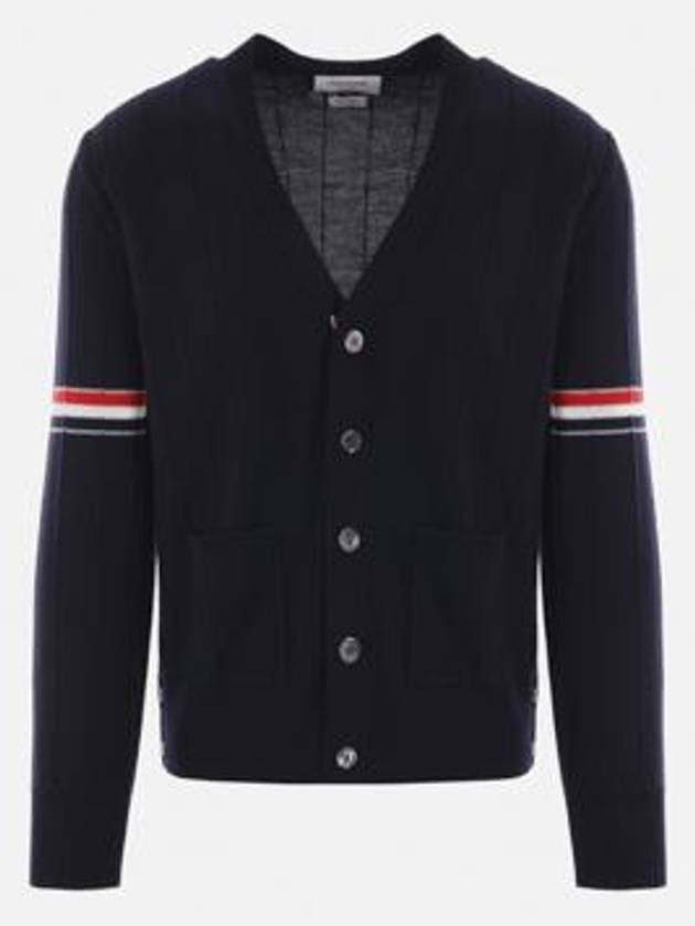 RWB V-neck Striped Virgin Wool Cardigan Navy - THOM BROWNE - BALAAN 2