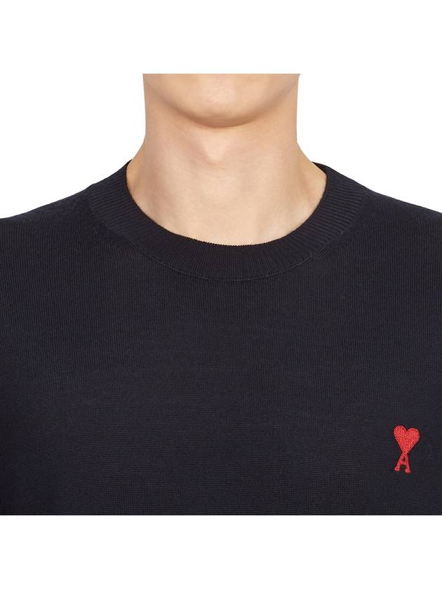 Heart Embroidered Logo Crew Neck Knit Top Navy - AMI - BALAAN 7