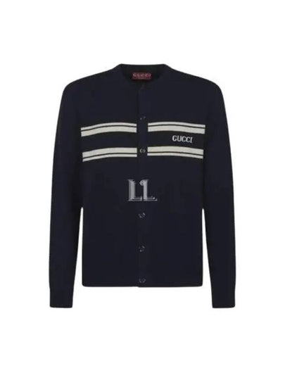 Striped Logo Crew Neck Wool Cashmere Cardigan Navy - GUCCI - BALAAN 2