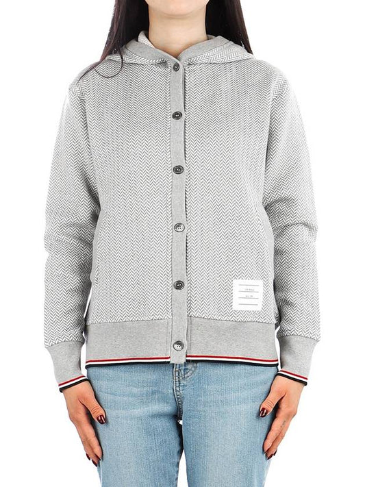 Women's Herringbone Tipping Hooded Cotton Cardigan Gray White - THOM BROWNE - BALAAN.