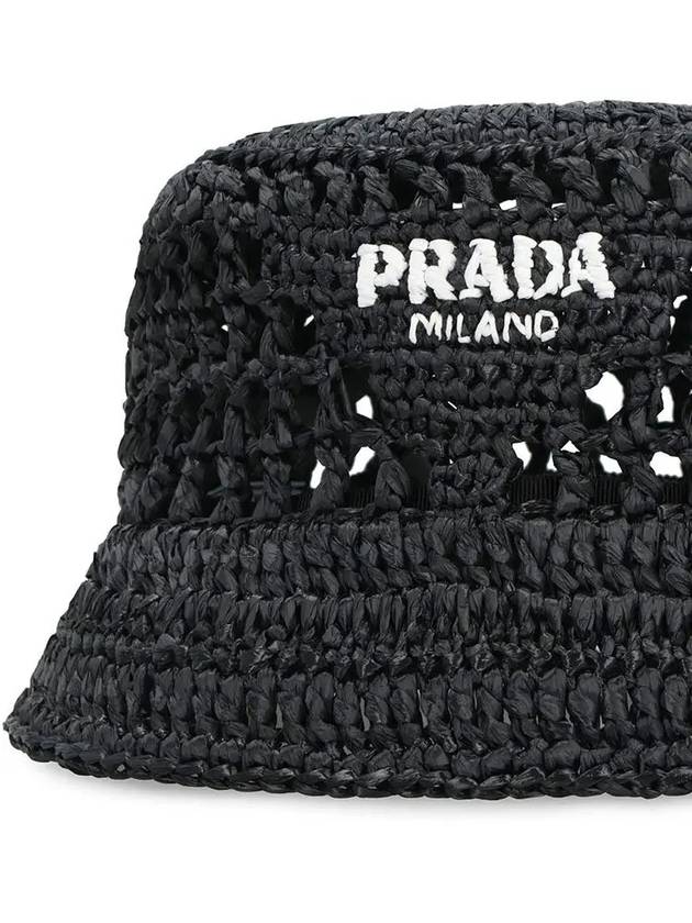 Embroidered Logo Raffia Bucket Hat Black - PRADA - BALAAN 4